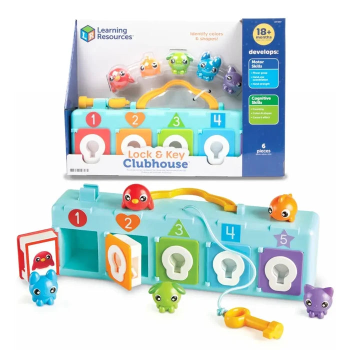 Blue toy with 5 colored, numbered doors, matching animal figures, and a yellow key shown in and out of retail packaging.