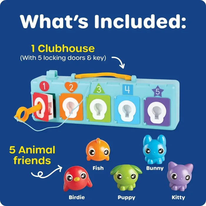 Light blue clubhouse with five colored, numbered locking doors, an orange key, and five matching animal figures.