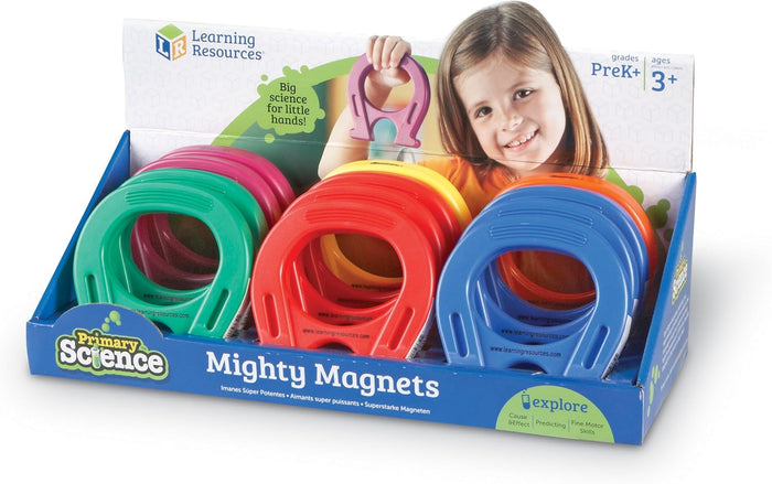 12 colorful, chunky horseshoe magnets in a blue retail box featuring a photo of a child holding a purple magnet.