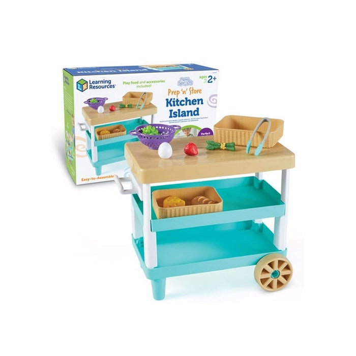 Teal and tan toy kitchen island with play food and baskets, shown next to its product box.