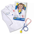 White child's doctor lab coat with name tag and heart logo, plus a red, blue, and yellow toy stethoscope.