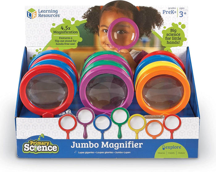 Brightly colored oversized magnifying glasses with thick plastic rims and stands in a blue retail display box.