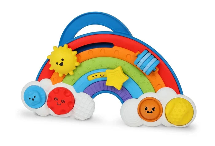 Rainbow-shaped toy with a blue handle, sun and star sliders, gears, and buttons with expressive faces on white clouds.