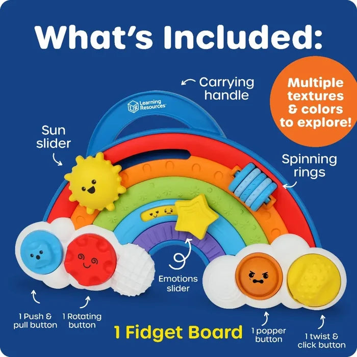Rainbow-shaped fidget board with a sun slider, spinning rings, star slider, and textured buttons in bright colors.