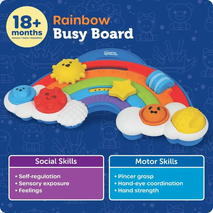 Colorful rainbow toy with white clouds, yellow star, and sun. Boxes detail social and motor skills for 18+ months.