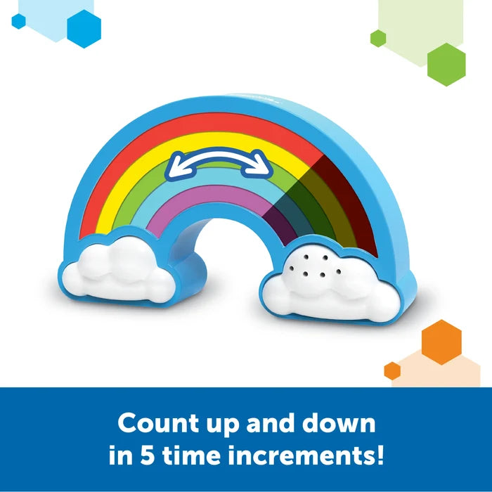 Blue arched timer with white clouds at the base and rainbow stripes that darken to show elapsed time.
