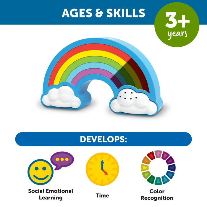 Arched blue timer with a colorful rainbow and white clouds. Age 3+ label and icons for time and color recognition.