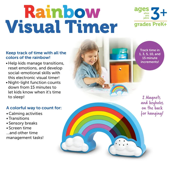 Rainbow-shaped electronic timer with light-up colored arcs and cloud bases, shown with product info and a child playing.