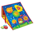 Space-themed A-frame toss game with 5 numbered mesh pockets and 3 bean bags on a blue board with rockets and robots.