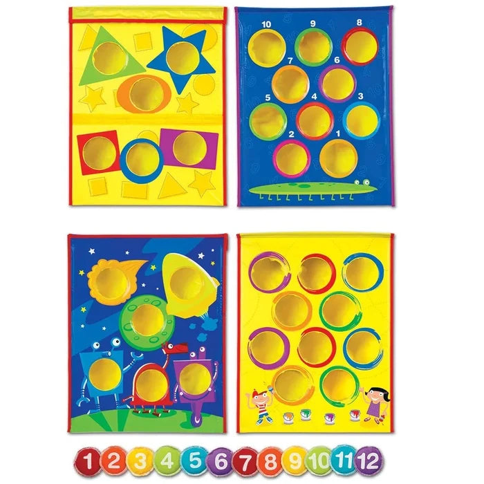 Four vibrant bean bag toss targets with shapes, numbers, and space themes, and 12 colorful numbered bean bags.