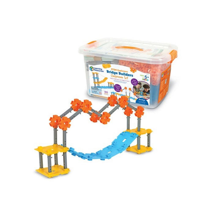 Clear storage bin next to a built toy bridge with orange gears, gray rods, blue tracks, and yellow platforms.