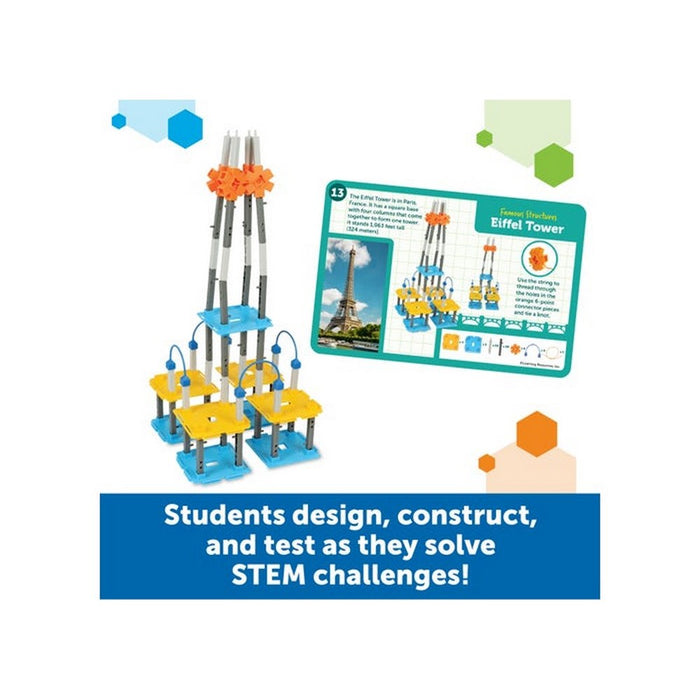 Toy Eiffel Tower made of colorful plastic pieces next to an instruction card and STEM challenge text.