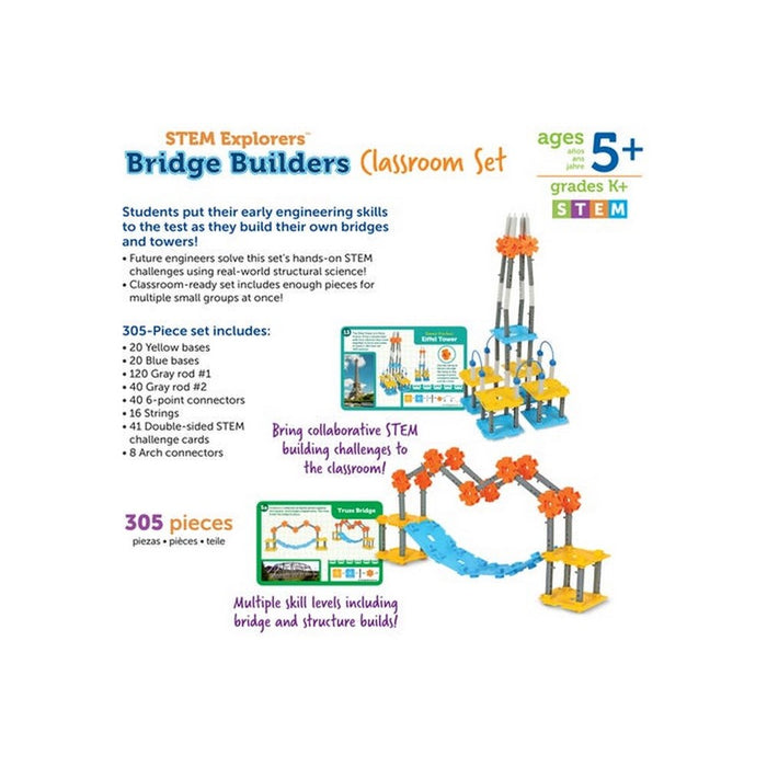 305-piece STEM set with colorful plastic rods and bases shown as a built tower and bridge with challenge cards.