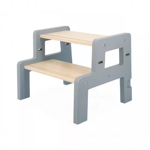 Two-tier wooden step stool with gray side panels and natural wood steps, featuring rectangular side cutouts.