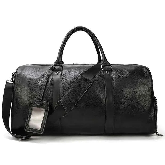 Leather business travel bag by Mead's Supply & Equipment Outfitters, black and bronze premium duffel with multiple compartments.