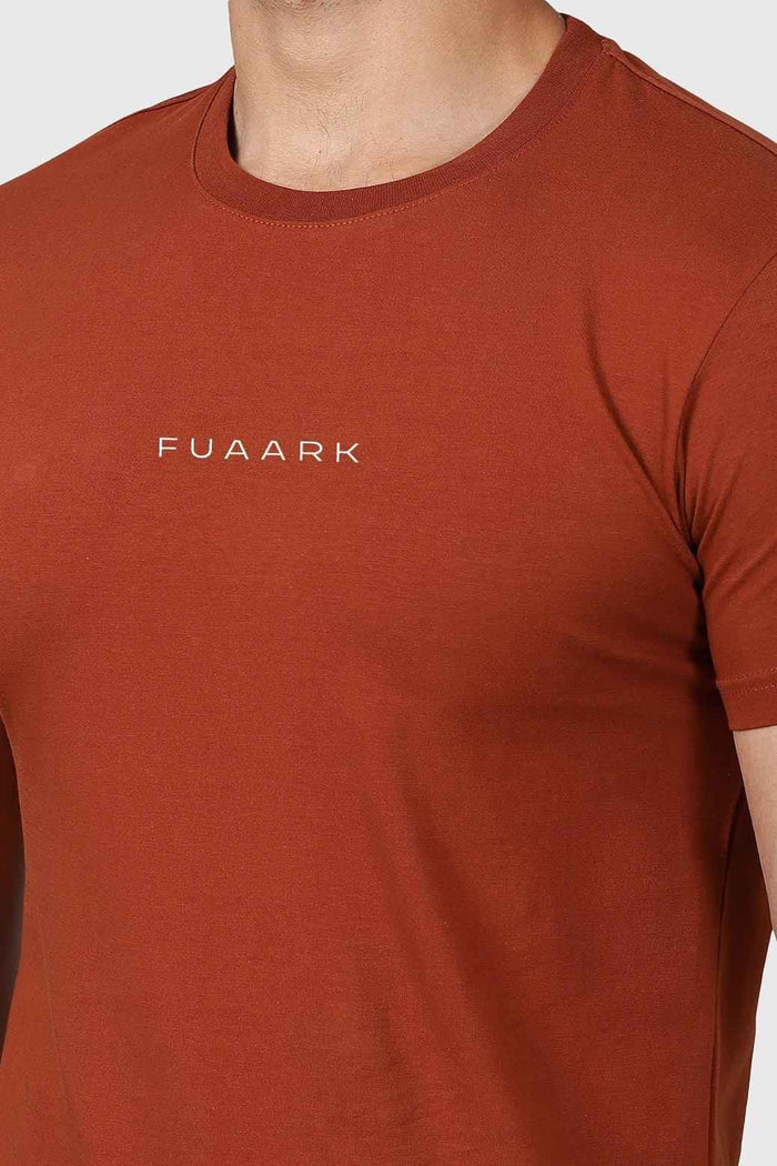 Fuaark Nz Legacy Crew Neck T-shirt in Salsa Brown, showing the comfortable fit and classic crew neckline of this casual t-shirt.