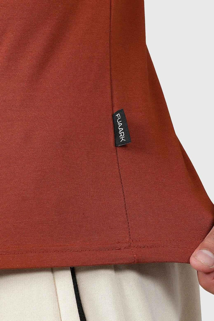 Fuaark Nz Legacy Crew Neck T-shirt in Salsa Brown, close-up of soft cotton fabric and classic fit.