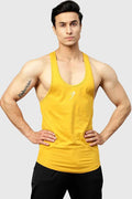 Fuaark Nz Legacy Stringer Mustard tank top displayed on a mannequin, highlighting its fitted style and vibrant mustard color.