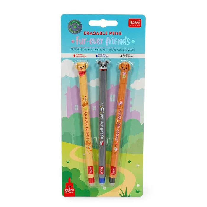 Set of 3 erasable gel pens with dog head toppers in yellow, grey, and orange on colorful blister card packaging.