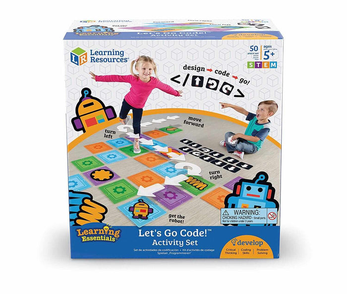 Box showing children playing on a colorful floor grid with arrows and robot cutouts for interactive STEM play.