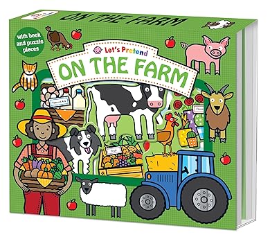 Green board book with colorful cartoon farm animals, a blue tractor, and a farmer, featuring puzzle piece cutouts.