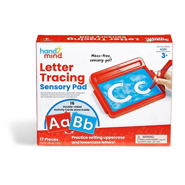 Product box for a red sensory pad with blue gel and a stylus tracing a letter C, featuring colorful alphabet cards.