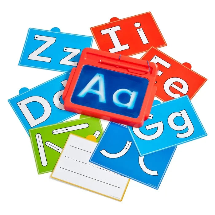 Red sensory pad with blue gel showing Aa on a pile of colorful alphabet and line tracing activity cards.