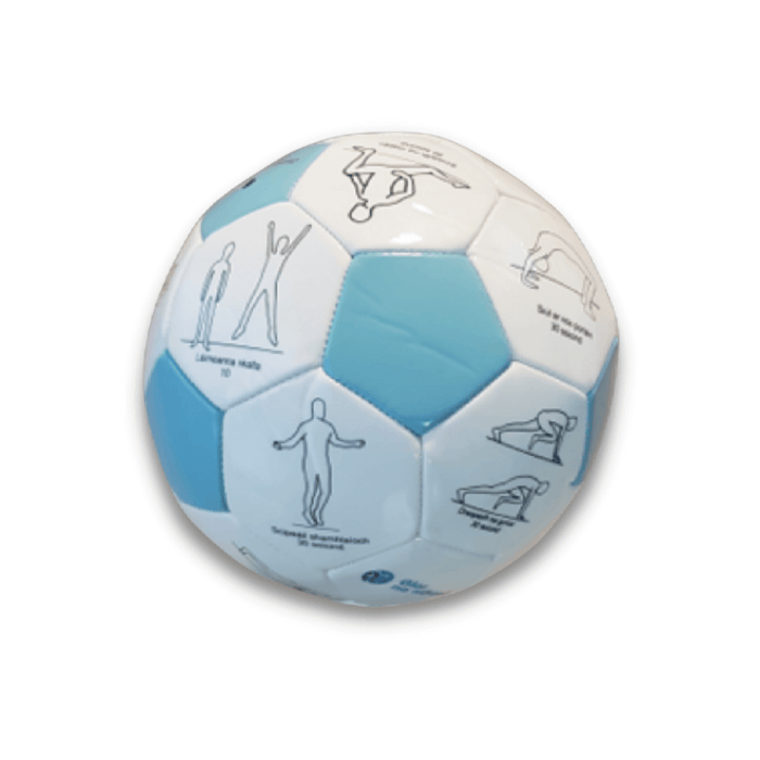 Light blue and white ball with line drawings of people doing fitness exercises and Irish text on the white panels.
