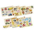 Seven wooden puzzles with colorful illustrations of farm animals, sea life, and vehicles with small lifting pegs.