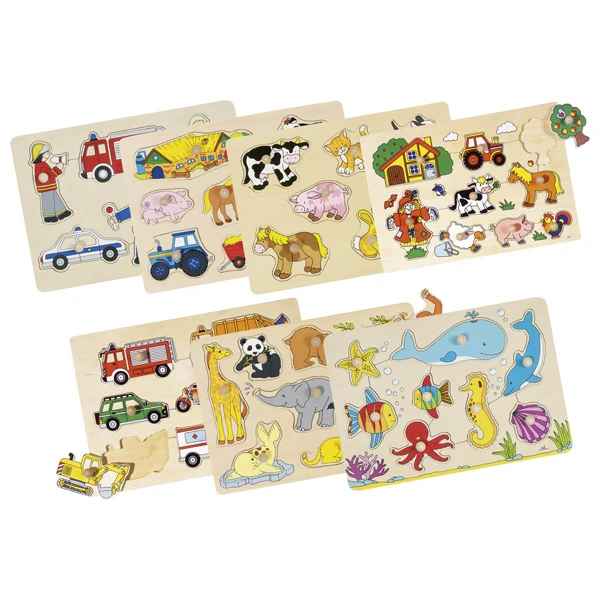 Seven wooden puzzles with colorful illustrations of farm animals, sea life, and vehicles with small lifting pegs.