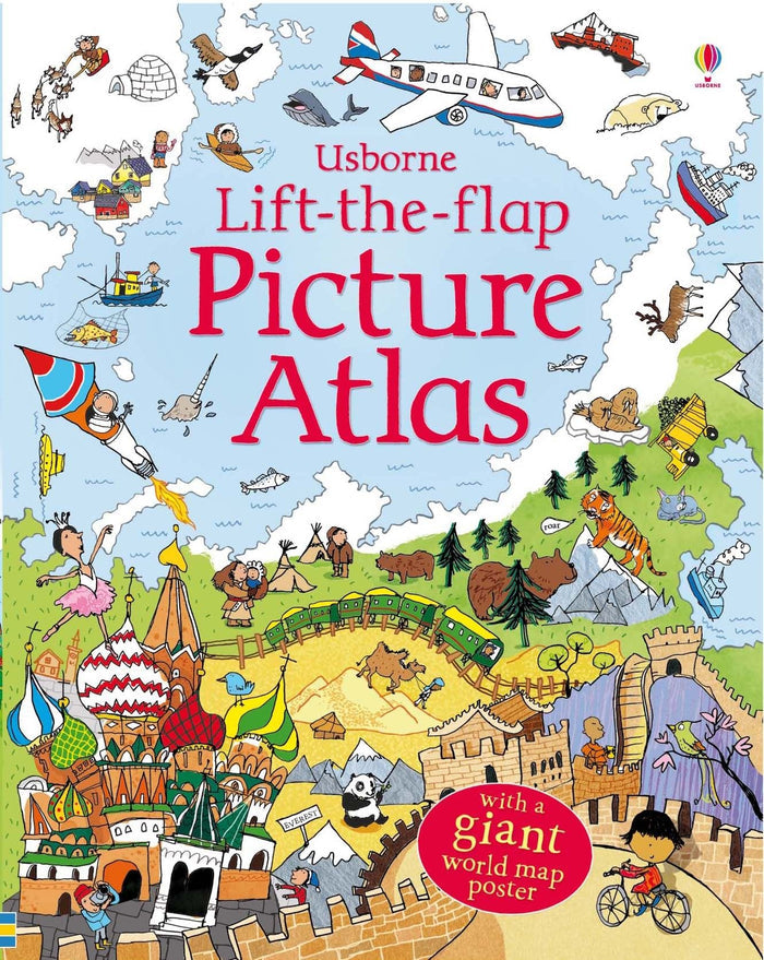 Colorful book cover with an illustrated map featuring animals, global landmarks, a plane, and a giant map poster badge.