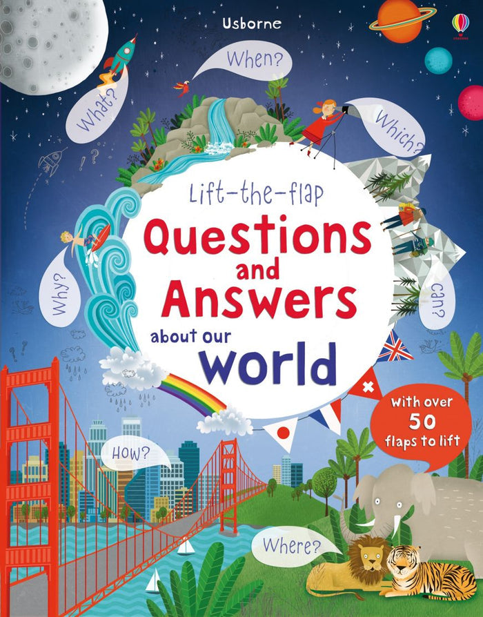 Colorful book cover with space, ocean, and jungle scenes, question bubbles, and a badge for over 50 flaps to lift.