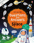 Space-themed book cover with a large orange sun, astronaut, and rocket against a starry sky with question bubbles.