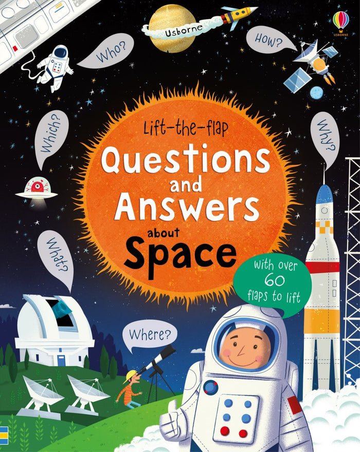 Space-themed book cover with a large orange sun, astronaut, and rocket against a starry sky with question bubbles.