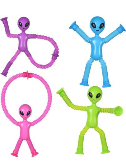 Purple, blue, pink, and green alien fidget toys with extendable pop tube limbs and suction cup hands and feet.