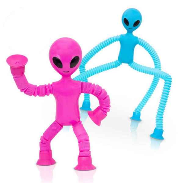 Pink and blue alien toys with flexible accordion limbs and suction cup hands and feet.