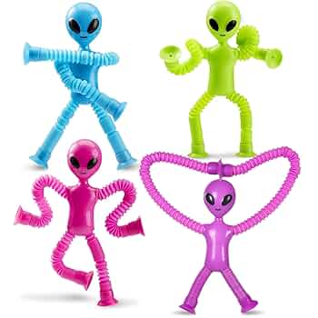 Four poseable alien toys in blue, green, pink, and purple with suction cup hands and accordion-style pop-tube limbs.