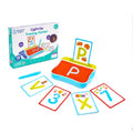 Light-up tracing tray with red sand, blue stylus, and illustrated learning cards next to its teal product box.