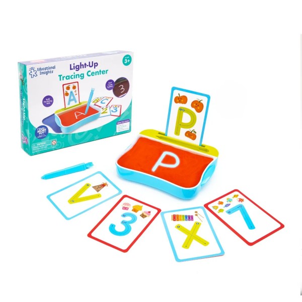 Light-up tracing tray with red sand, blue stylus, and illustrated learning cards next to its teal product box.