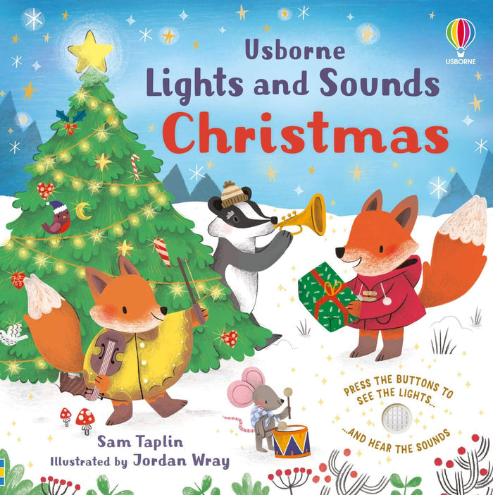 Animals play music by a glowing Christmas tree in a snowy, starry scene on an Usborne book cover.