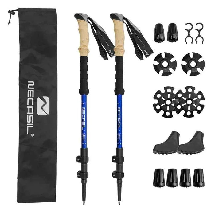 Blue lightweight aluminum trekking pole with shock absorption, featuring an accessory bag for hiking and climbing activities.