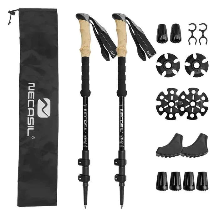 Blue lightweight aluminum trekking pole with shock absorption from Mead's Supply & Equipment Outfitters, with accessory bag for hiking and climbing.