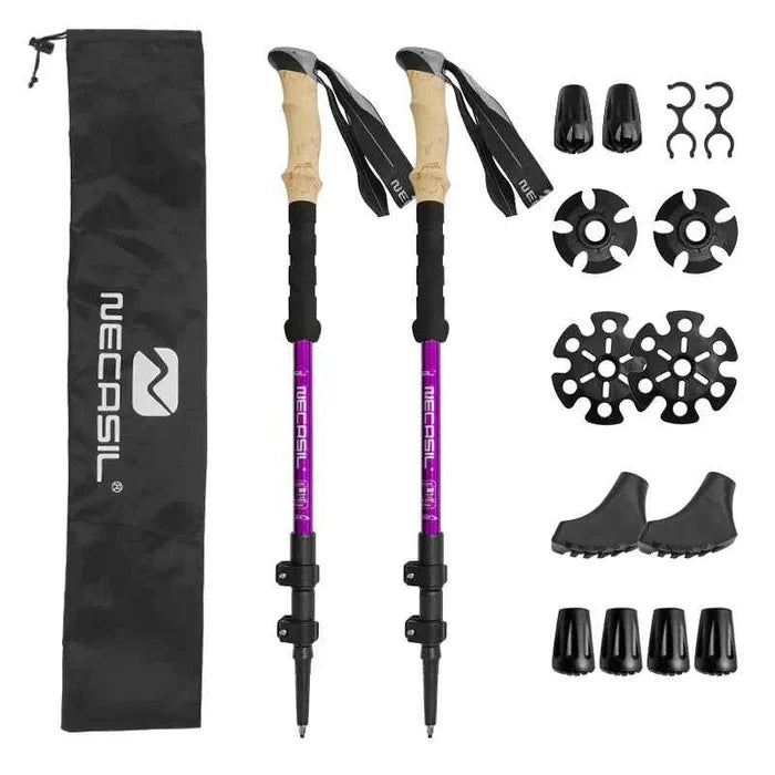 Blue lightweight aluminum trekking pole with shock absorption, from Mead's Supply & Equipment Outfitters, shown with accessory bag for hiking.