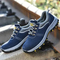 Men's blue lightweight breathable steel toe safety work shoes by Mead's Supply & Equipment Outfitters, protective footwear for work safety.