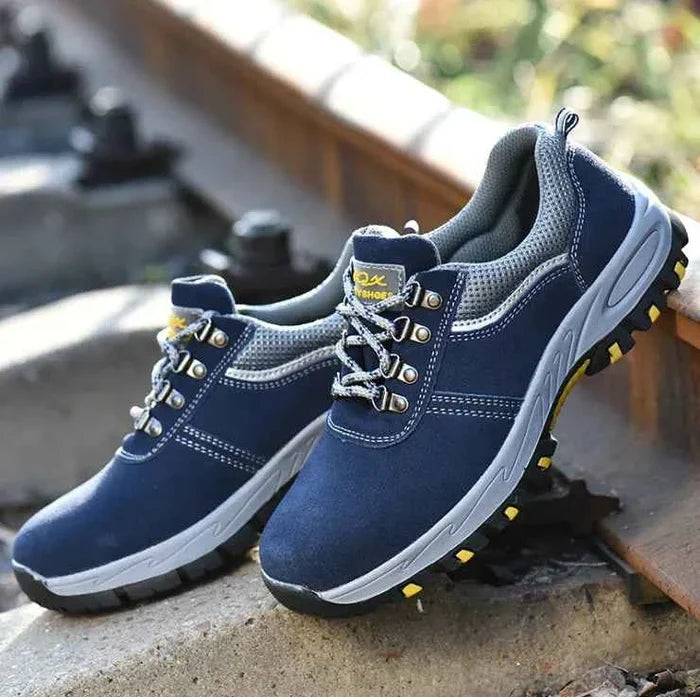 Men's blue lightweight breathable steel toe safety work shoes by Mead's Supply & Equipment Outfitters, protective footwear for work safety.