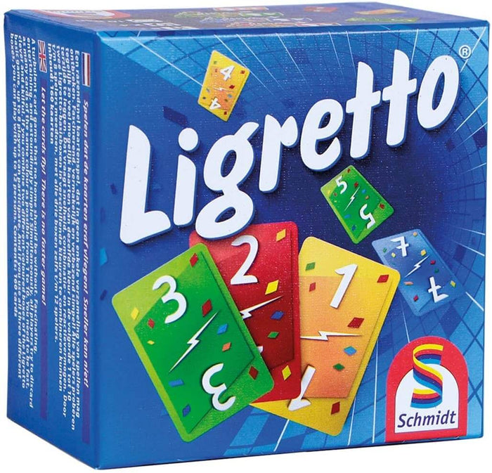 Blue Ligretto card game box featuring colorful numbered cards in red, yellow, green, and blue on a grid pattern.