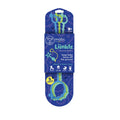 Three blue and green flexible silicone tethers on a dark blue cardboard display card with baby gear icons.