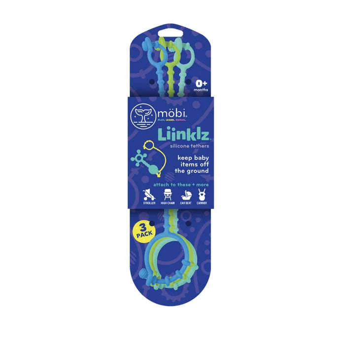 Three blue and green flexible silicone tethers on a dark blue cardboard display card with baby gear icons.