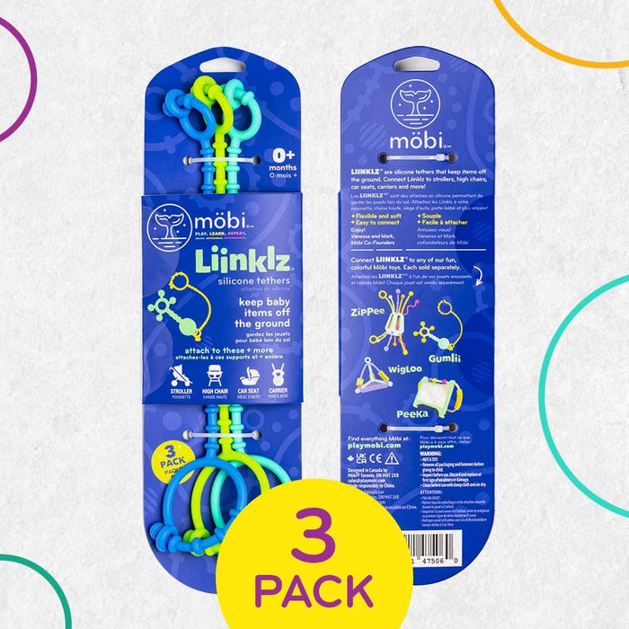Front and back of blue and green segmented silicone tethers in packaging with a large yellow 3-pack circle.