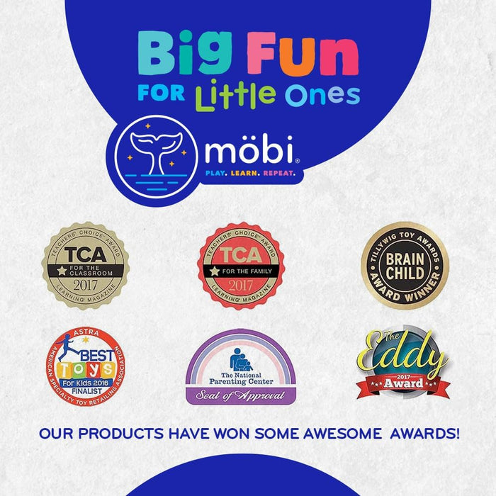 Blue Möbi brand graphic featuring a whale logo, six industry award seals, and text about their award-winning toys.